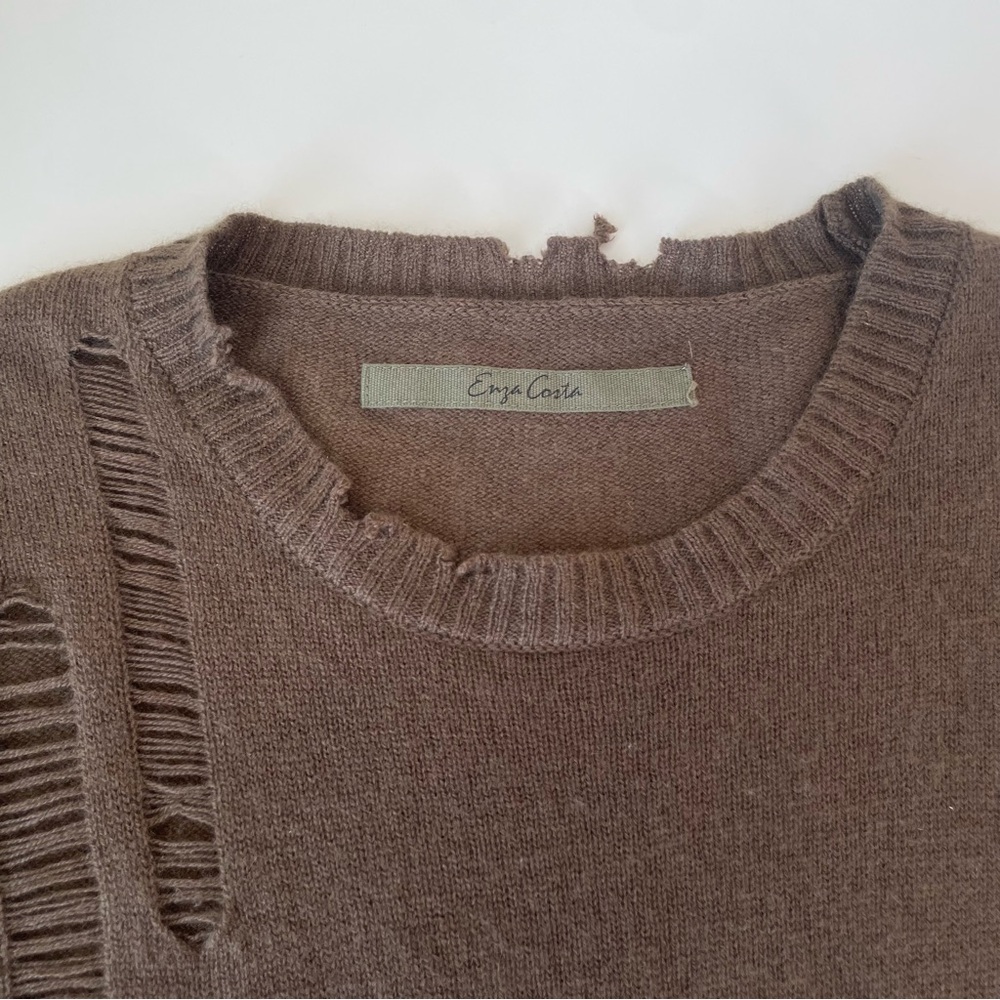 Enza Costa Cashmere Wool distressed women’s sweater small brown loose knit torn - Picture 3 of 10